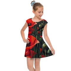 Flowers Poppies Bloom Blossom Art Kids  Cap Sleeve Dress by Apenda