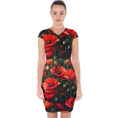 Flowers Poppies Bloom Blossom Art Capsleeve Drawstring Dress  by Apenda