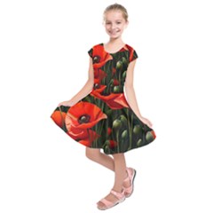 Flowers Poppies Bloom Blossom Art Kids  Short Sleeve Dress by Apenda