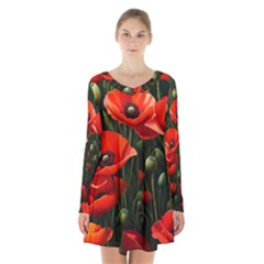 Flowers Poppies Bloom Blossom Art Long Sleeve Velvet V-neck Dress