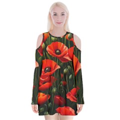 Flowers Poppies Bloom Blossom Art Velvet Long Sleeve Shoulder Cutout Dress