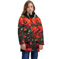 Flowers Poppies Bloom Blossom Art Kids  Hooded Longline Puffer Jacket by Apenda