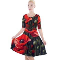 Flowers Poppies Bloom Blossom Art Quarter Sleeve A-line Dress With Pockets by Apenda