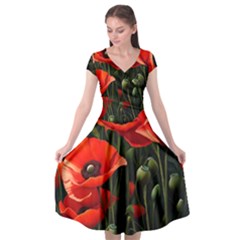 Flowers Poppies Bloom Blossom Art Cap Sleeve Wrap Front Dress by Apenda