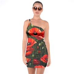 Flowers Poppies Bloom Blossom Art One Shoulder Ring Trim Bodycon Dress by Apenda