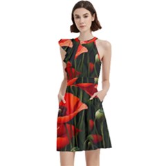 Flowers Poppies Bloom Blossom Art Cocktail Party Halter Sleeveless Dress With Pockets by Apenda