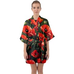 Flowers Poppies Bloom Blossom Art Half Sleeve Satin Kimono  by Apenda