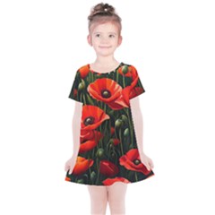 Flowers Poppies Bloom Blossom Art Kids  Simple Cotton Dress by Apenda