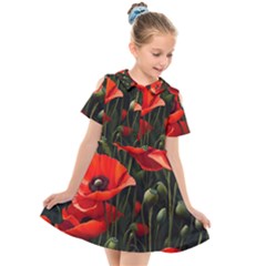 Flowers Poppies Bloom Blossom Art Kids  Short Sleeve Shirt Dress by Apenda