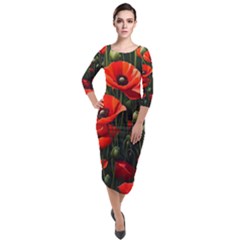 Flowers Poppies Bloom Blossom Art Quarter Sleeve Midi Velour Bodycon Dress by Apenda