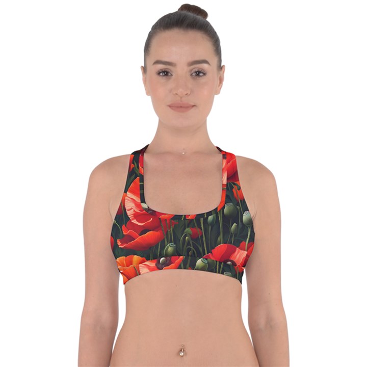 Flowers Poppies Bloom Blossom Art Cross Back Hipster Bikini Top 