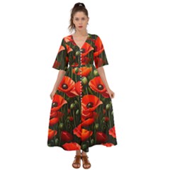 Flowers Poppies Bloom Blossom Art Kimono Sleeve Boho Dress by Apenda