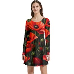 Flowers Poppies Bloom Blossom Art Long Sleeve Velour Skater Dress by Apenda