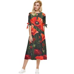 Flowers Poppies Bloom Blossom Art Bow Sleeve Chiffon Midi Dress by Apenda