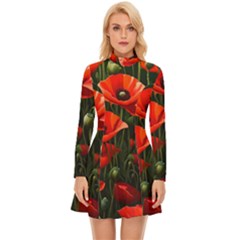 Flowers Poppies Bloom Blossom Art Long Sleeve Velour Longline Dress by Apenda