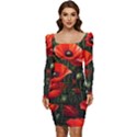 Flowers Poppies Bloom Blossom Art Women Long Sleeve Ruched Stretch Jersey Dress View1