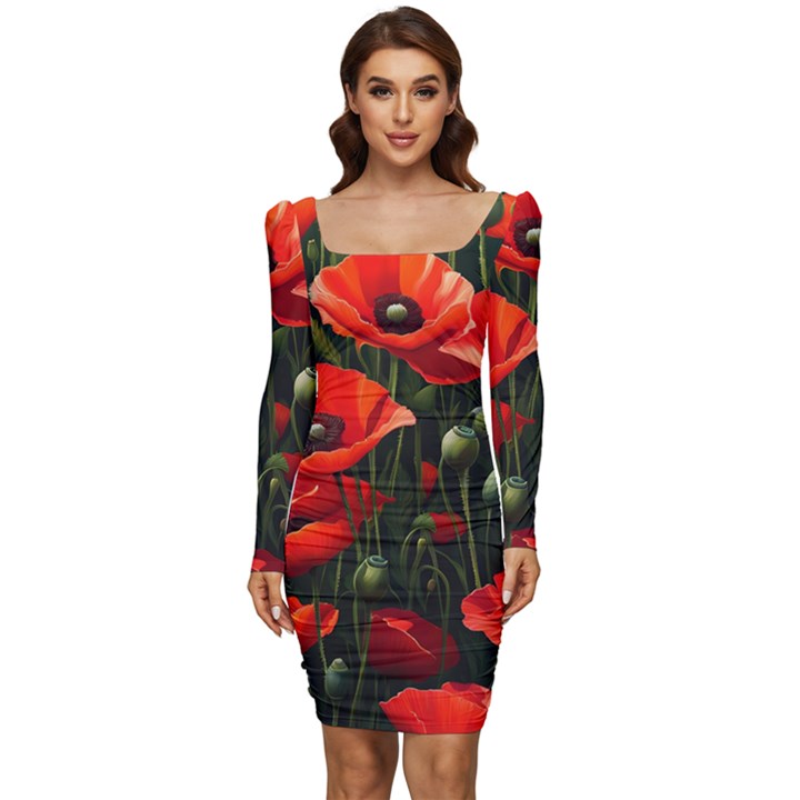 Flowers Poppies Bloom Blossom Art Women Long Sleeve Ruched Stretch Jersey Dress