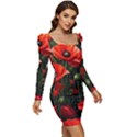 Flowers Poppies Bloom Blossom Art Women Long Sleeve Ruched Stretch Jersey Dress View2