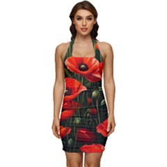 Flowers Poppies Bloom Blossom Art Sleeveless Wide Square Neckline Ruched Bodycon Dress by Apenda