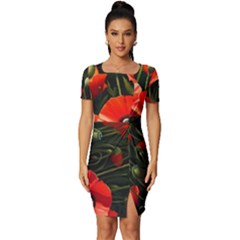 Flowers Poppies Bloom Blossom Art Fitted Knot Split End Bodycon Dress by Apenda