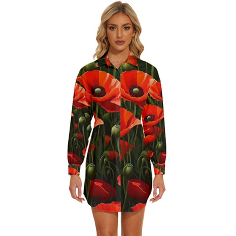 Flowers Poppies Bloom Blossom Art Womens Long Sleeve Shirt Dress by Apenda