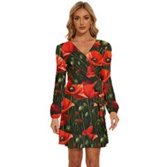 Flowers Poppies Bloom Blossom Art Long Sleeve Waist Tie Ruffle Velvet Dress by Apenda