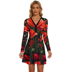 Flowers Poppies Bloom Blossom Art Long Sleeve Deep V Mini Dress  by Apenda