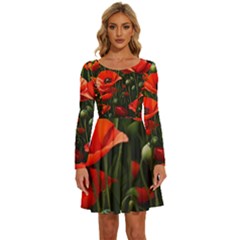 Flowers Poppies Bloom Blossom Art Long Sleeve Wide Neck Velvet Dress by Apenda