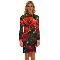 Flowers Poppies Bloom Blossom Art Long Sleeve Shirt Collar Bodycon Dress by Apenda