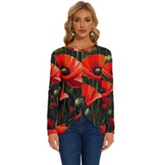 Flowers Poppies Bloom Blossom Art Long Sleeve Crew Neck Pullover Top by Apenda