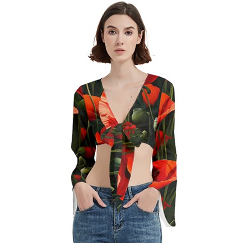 Flowers Poppies Bloom Blossom Art Trumpet Sleeve Cropped Top by Apenda