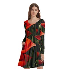 Flowers Poppies Bloom Blossom Art Long Sleeve Knee Length Skater Dress With Pockets by Apenda