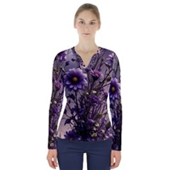 Flower Bloom Blossom Nature Flora V-neck Long Sleeve Top by Apenda