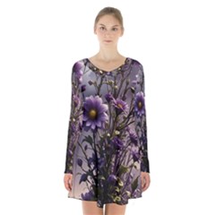 Flower Bloom Blossom Nature Flora Long Sleeve Velvet V-neck Dress