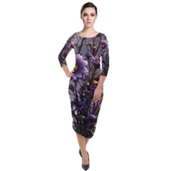 Flower Bloom Blossom Nature Flora Quarter Sleeve Midi Velour Bodycon Dress by Apenda