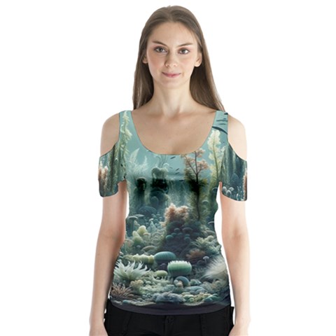 Underwater Coral Life Butterfly Sleeve Cutout T-shirt  by Apenda