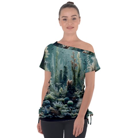 Underwater Coral Life Off Shoulder Tie-up T-shirt by Apenda