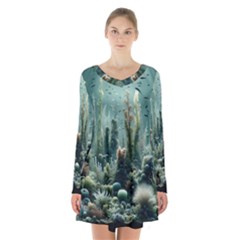 Underwater Coral Life Long Sleeve Velvet V-neck Dress