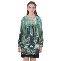 Underwater Coral Life Long Sleeve Chiffon Shift Dress  by Apenda