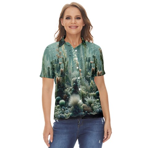 Underwater Coral Life Women s Short Sleeve Double Pocket Shirt by Apenda