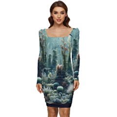 Underwater Coral Life Women Long Sleeve Ruched Stretch Jersey Dress by Apenda