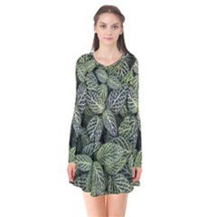 Leaves Foliage Botany Plant Long Sleeve V-neck Flare Dress