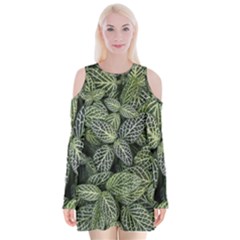 Leaves Foliage Botany Plant Velvet Long Sleeve Shoulder Cutout Dress