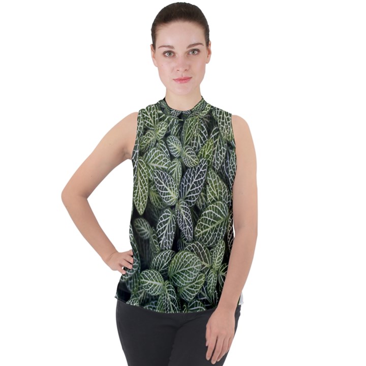 Leaves Foliage Botany Plant Mock Neck Chiffon Sleeveless Top