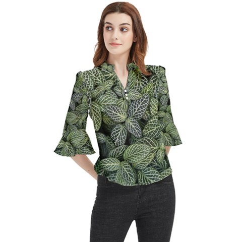 Leaves Foliage Botany Plant Loose Horn Sleeve Chiffon Blouse by Maspions