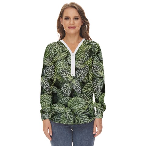 Leaves Foliage Botany Plant Zip Up Long Sleeve Blouse by Maspions