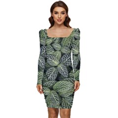 Leaves Foliage Botany Plant Women Long Sleeve Ruched Stretch Jersey Dress