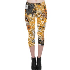 Leaf Yellow Point Flower White Capri Leggings  by Grandong