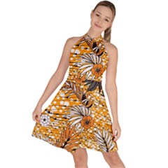 Leaf Yellow Point Flower White Sleeveless Halter Neck A-line Dress