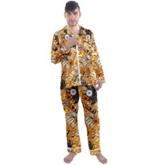 Leaf Yellow Point Flower White Men s Long Sleeve Satin Pajamas Set by Grandong